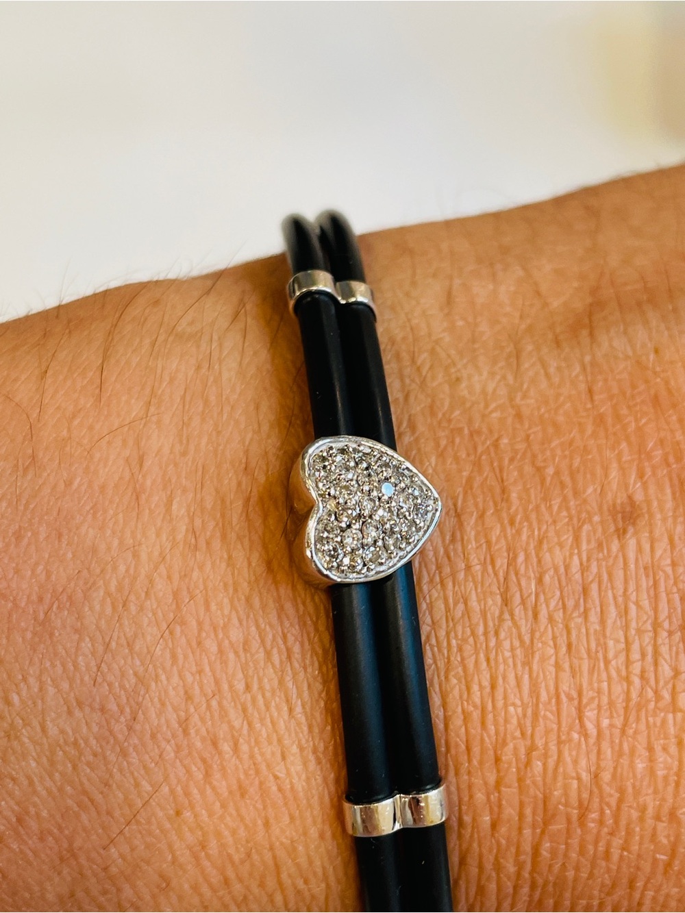 Effy 14KT White Gold Black Rubber Heart Diamond Bracelet